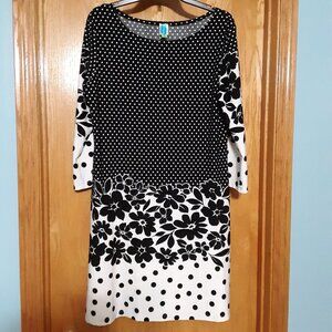 Touch Express Long Sleeve Dress, Black & White, Floral, Polka Dots, Women's XL